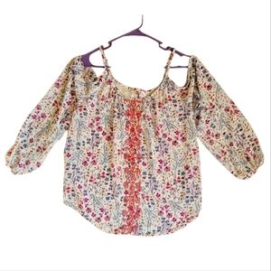 Rewind Womens Large Loose Floral Embroidered Long Sleeve Boho Top